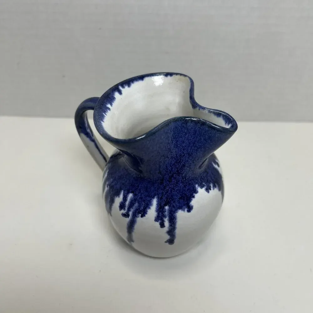Vtg Holly Hill Pottery Seagrove NC Cream Pitcher Blue Drip Glaze Over White ARB